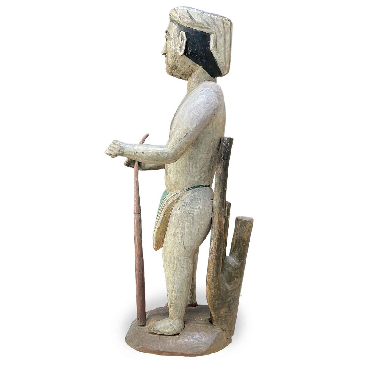 Sculpture Masculine Birmane en Bois Peint Mandalay Fin 19ème-photo-2