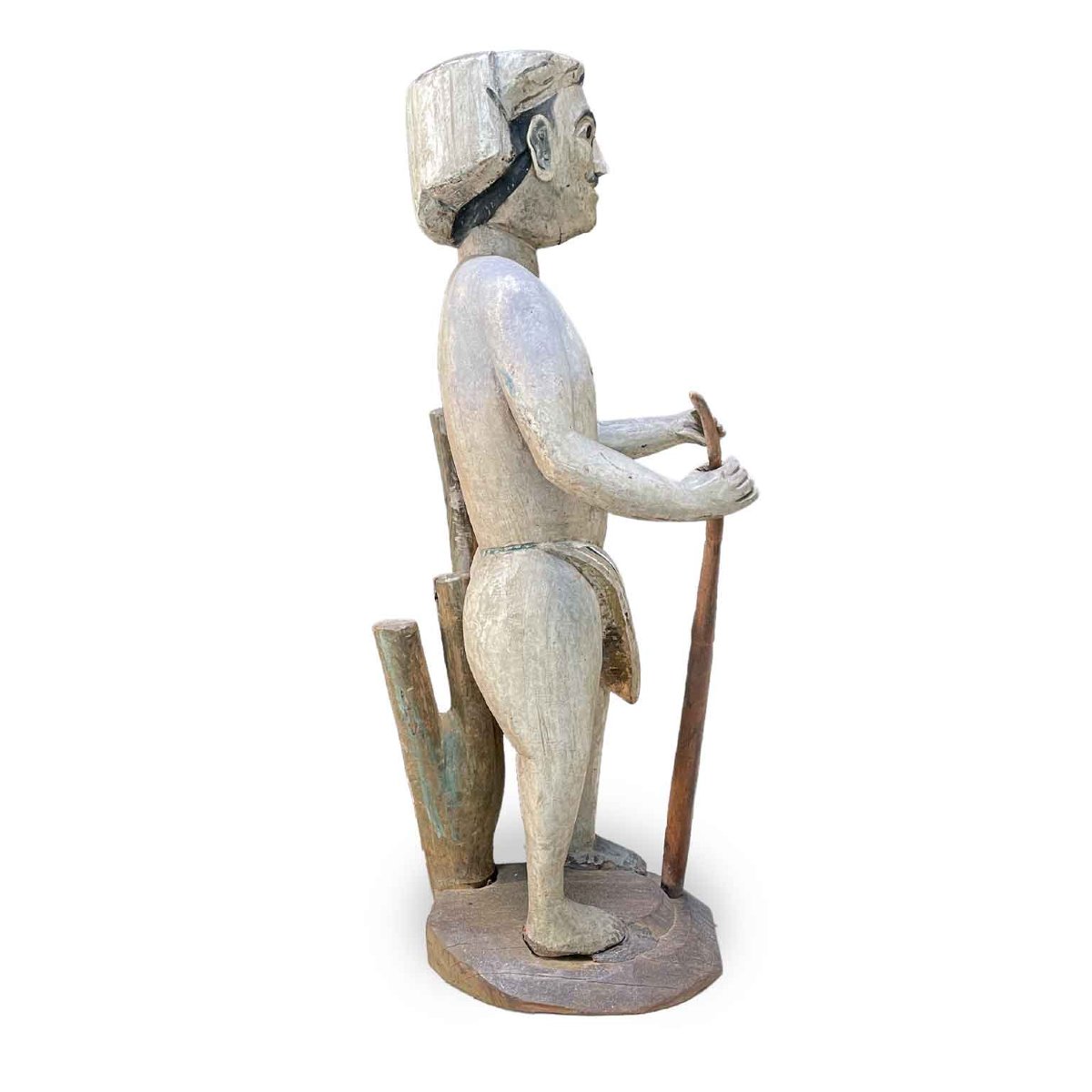Sculpture Masculine Birmane en Bois Peint Mandalay Fin 19ème-photo-1