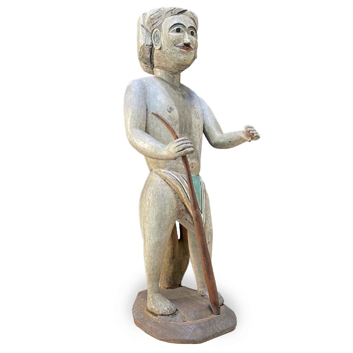 Sculpture Masculine Birmane en Bois Peint Mandalay Fin 19ème-photo-2