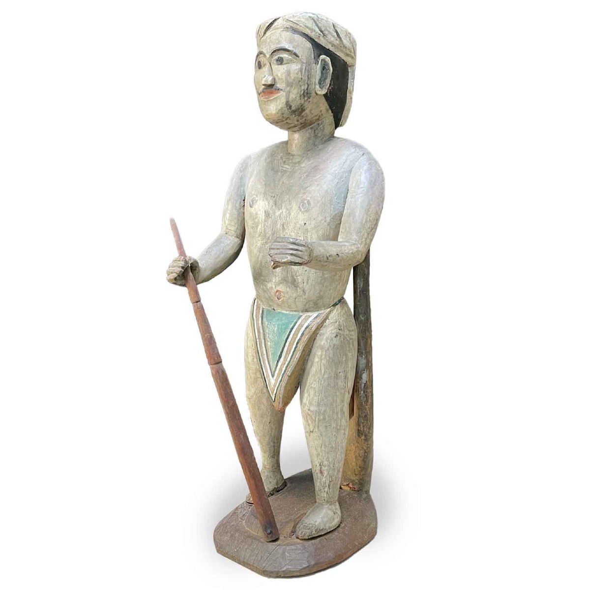 Sculpture Masculine Birmane en Bois Peint Mandalay Fin 19ème