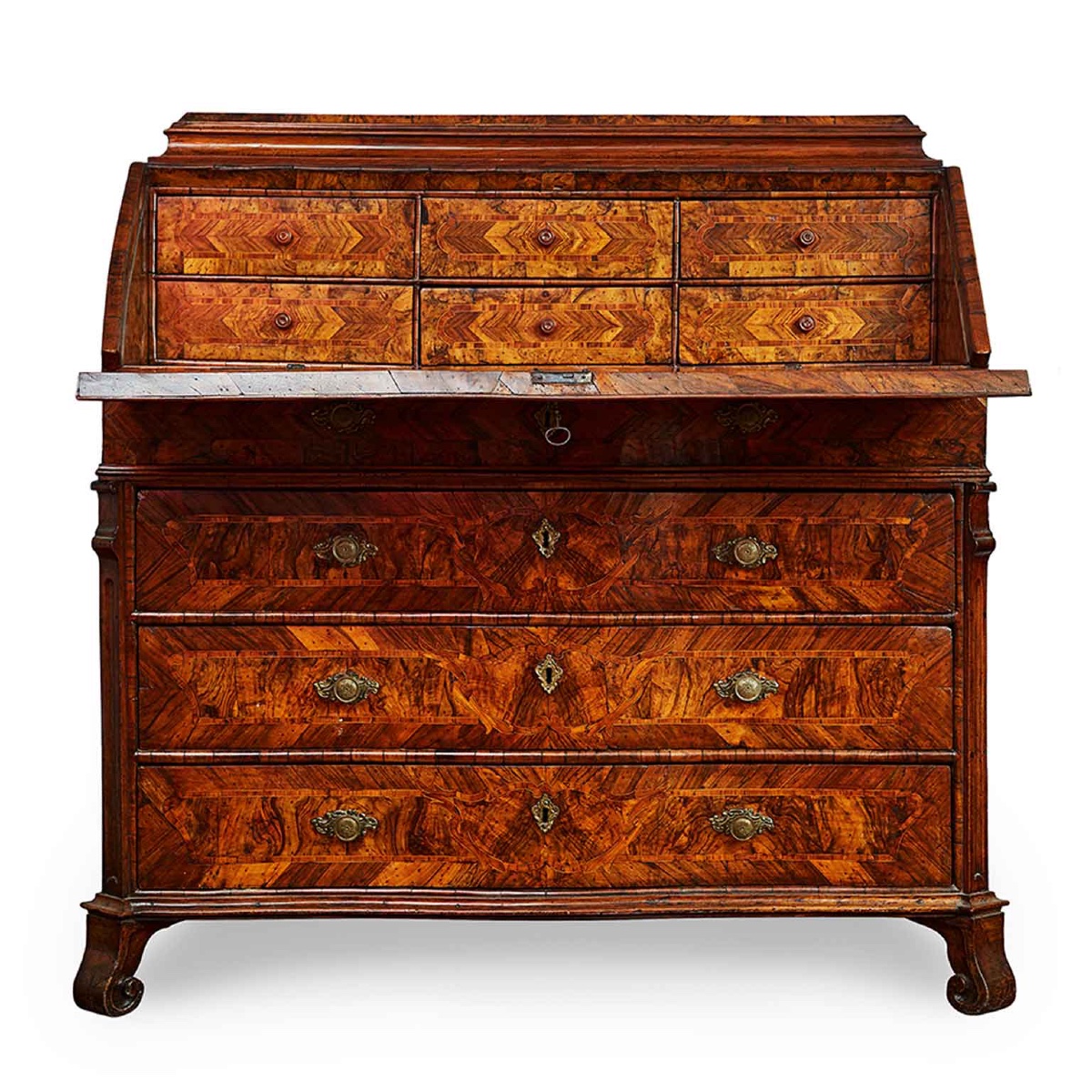 Paire De Commodes à Abattant Italiennes Du XVIIIe Siècle En Noyer Et Racine De Noyer-photo-4