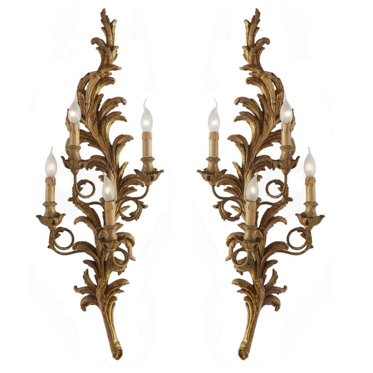 Paire De Grandes Appliques Florentin Sculptées Et Dorées  Style Louis XV Chelini Firenze 1990