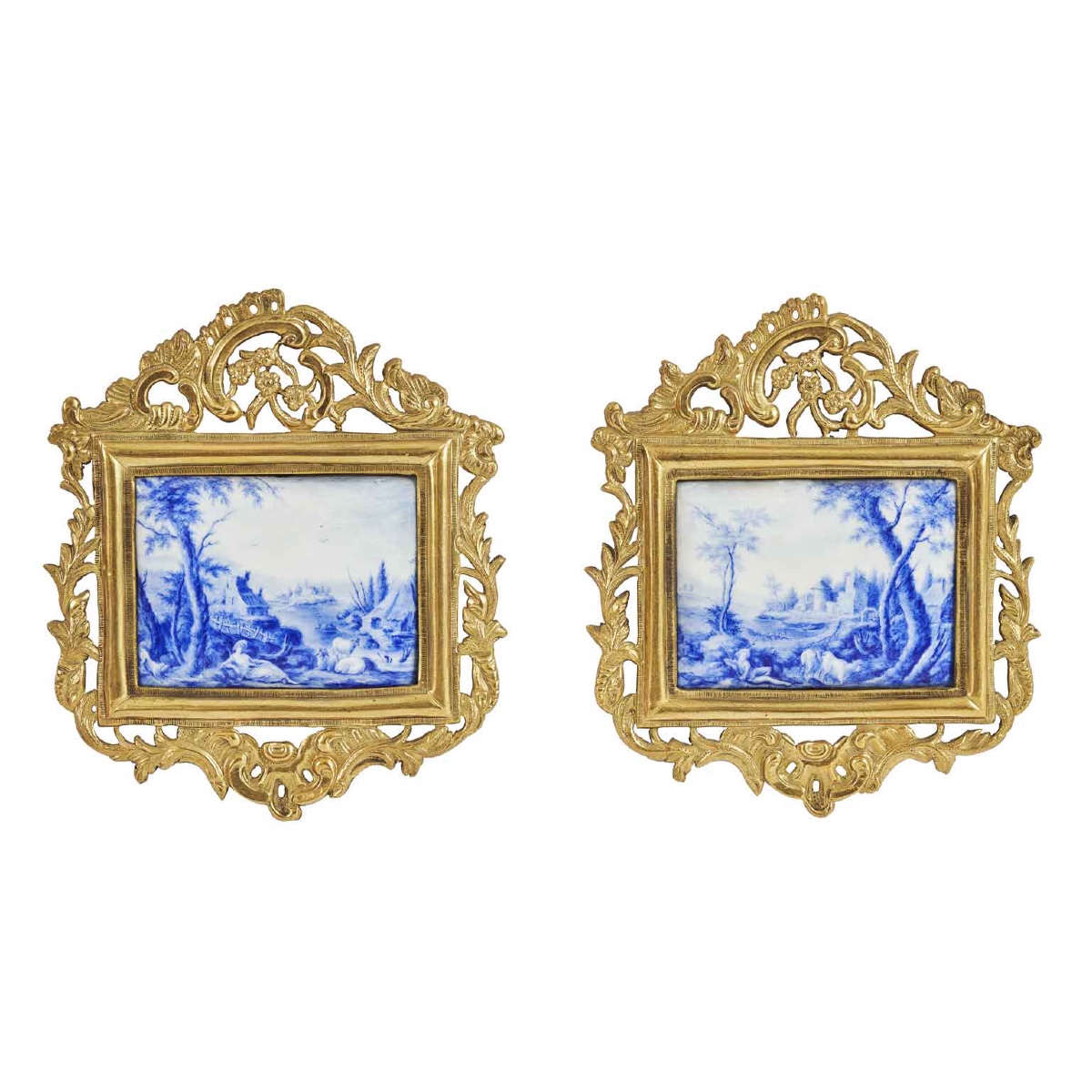 Pair Of Enamel Plaques Painted With Blue Landscapes And Figures 1700s