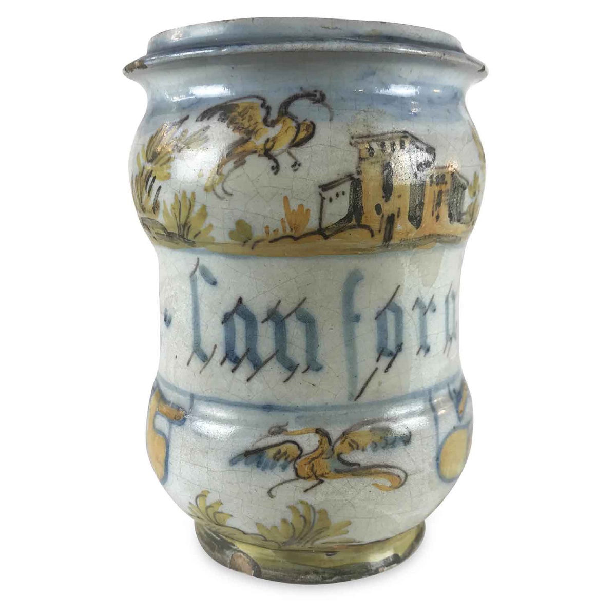 18th Century Italian Majolica Albarello Drug Jar Camphor By Jacques Boselly 