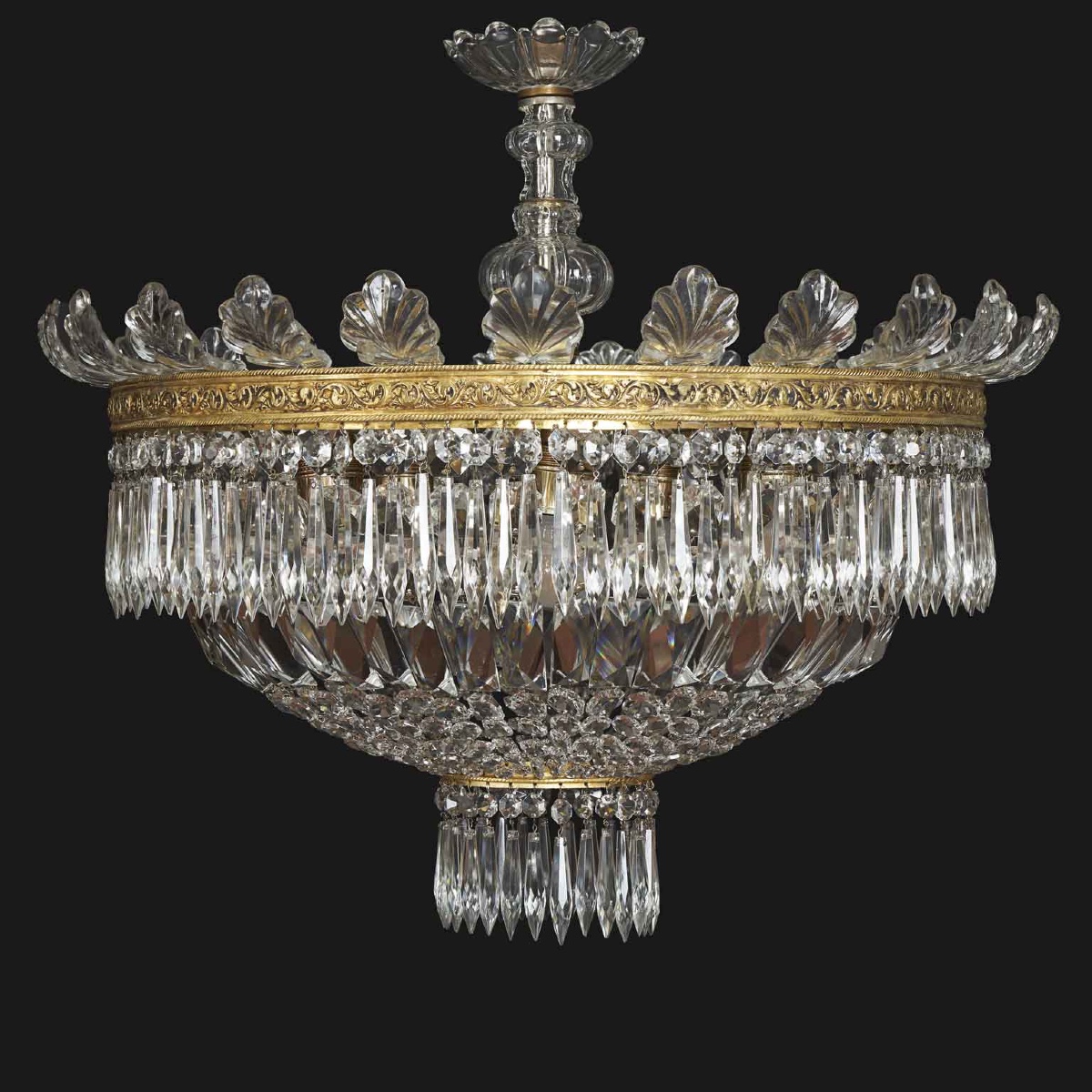 Plafonnier Italien En Cristal Et Bronze à Cinq Lumières 1950s
