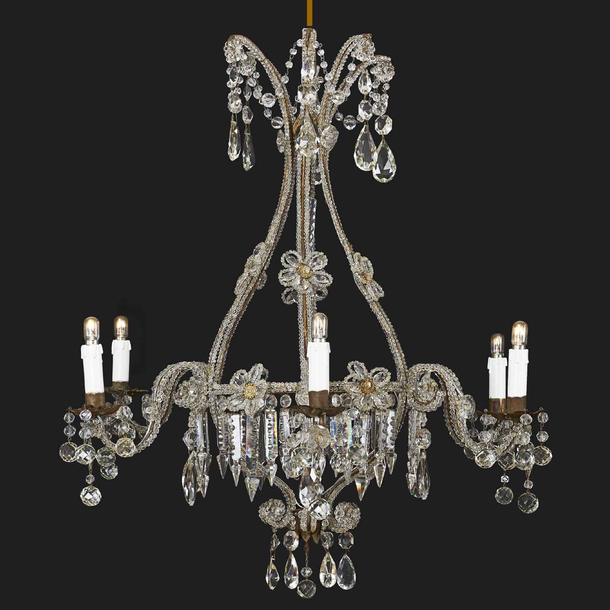 Early 20th Century Italian Beaded Crystal Flower Chandelier With Gilt Buttons-photo-2