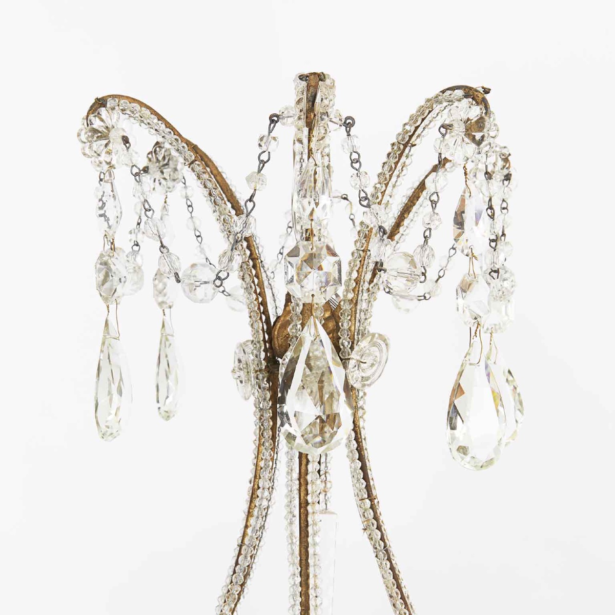 Early 20th Century Italian Beaded Crystal Flower Chandelier With Gilt Buttons-photo-1