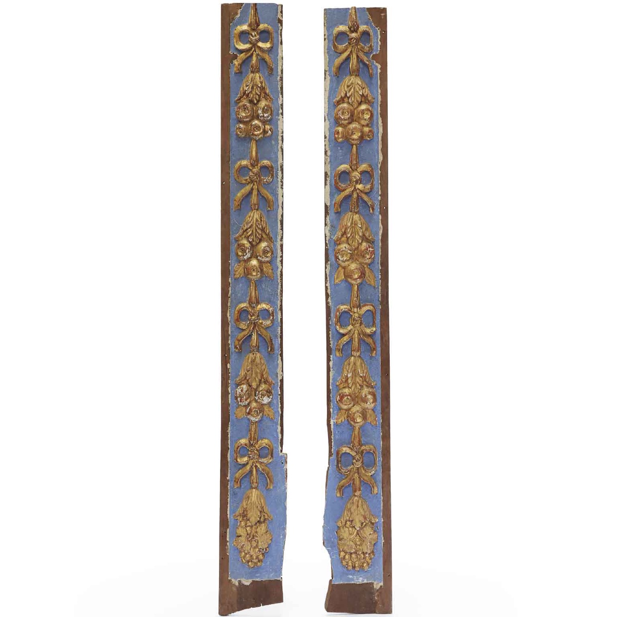 Paire De Frises  Bois Sculpté Laqué Bleu Clair Et Or Italie Fin 18ème
