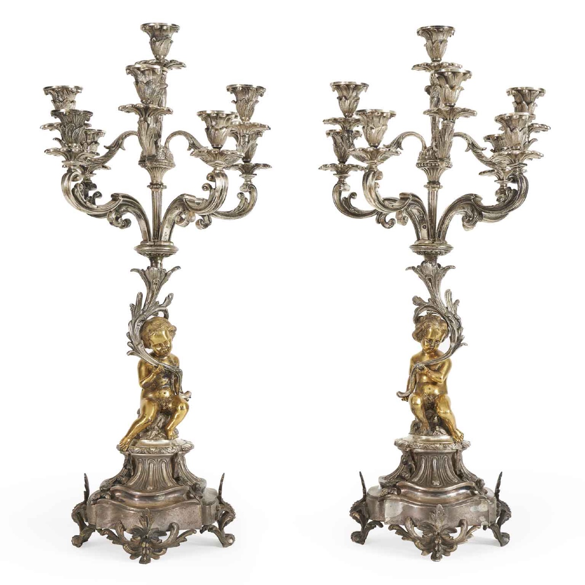 Pair Of Eight-armed Candelabras 19th Century Italian Silvered And Gilded Bronze Candle Sticks