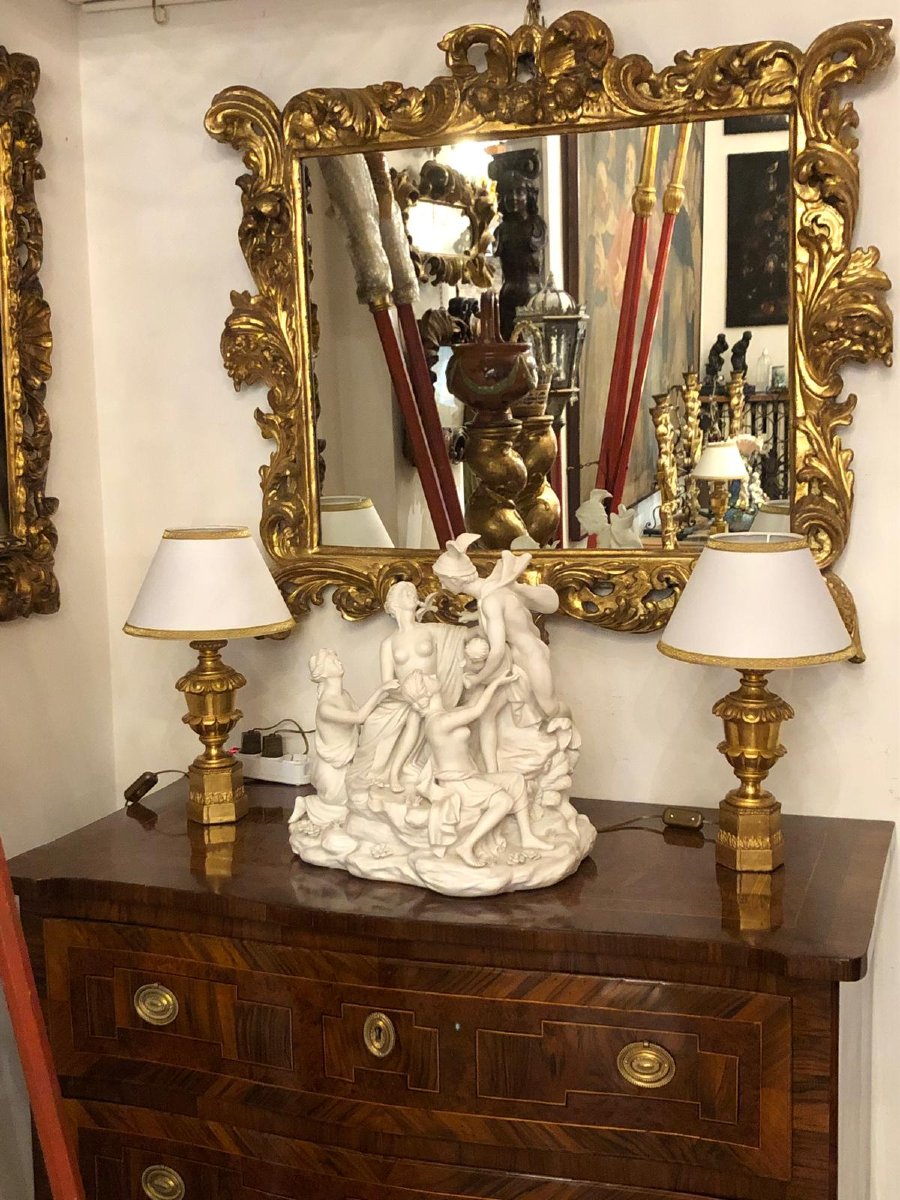 Paire de Lampes de Table Italiennes Empire  en Bois Sculpté et Doré XIXe siècle-photo-4