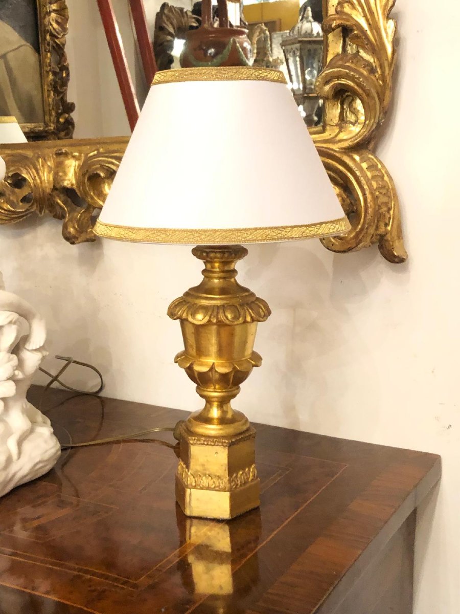 Paire de Lampes de Table Italiennes Empire  en Bois Sculpté et Doré XIXe siècle-photo-2