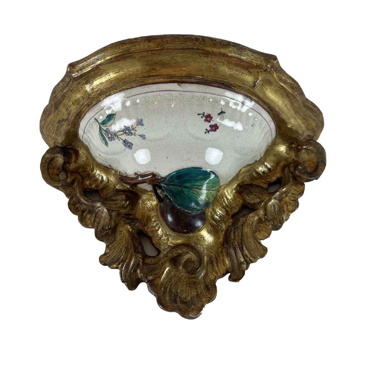 Paire d'étagères anciennes dorées avec majolique datant de 1700-photo-3
