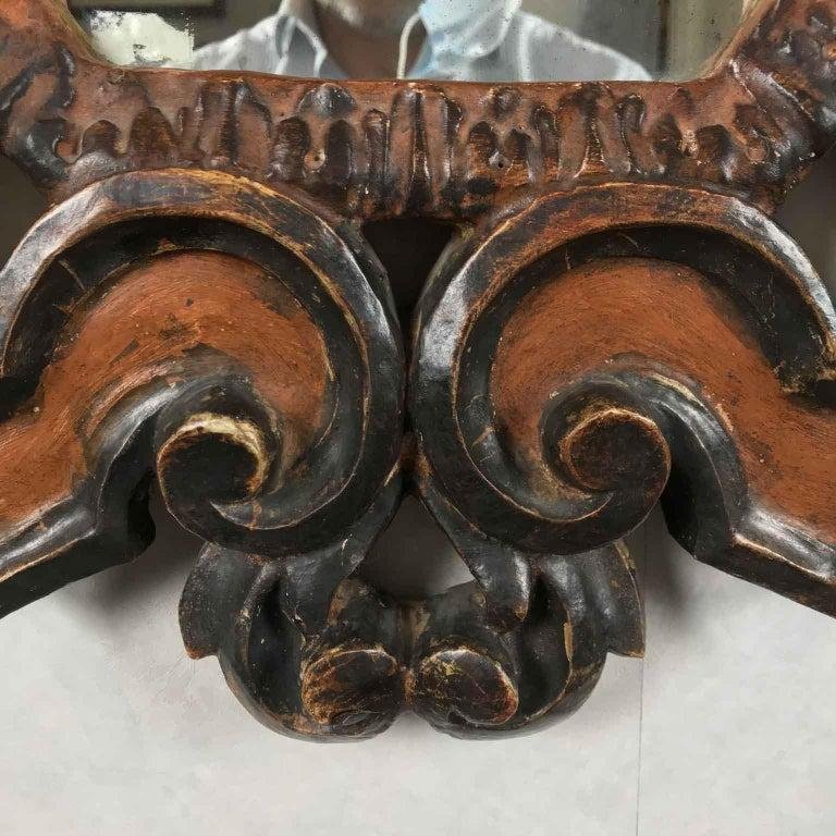 Miroir Florentin Sculpté et Décoré en Rouge et Argent Oxydé, 20ème Siècle-photo-3