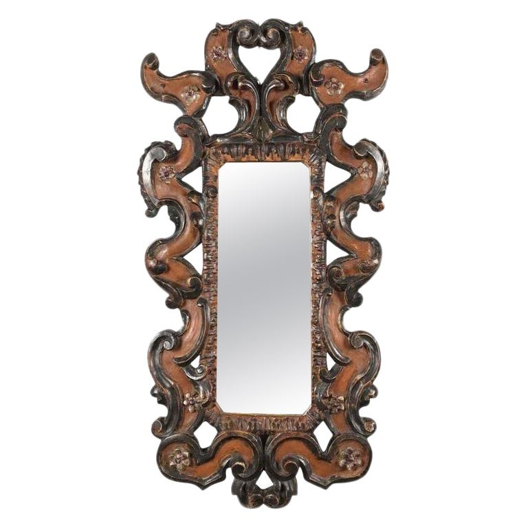Miroir Florentin Sculpté et Décoré en Rouge et Argent Oxydé, 20ème Siècle
