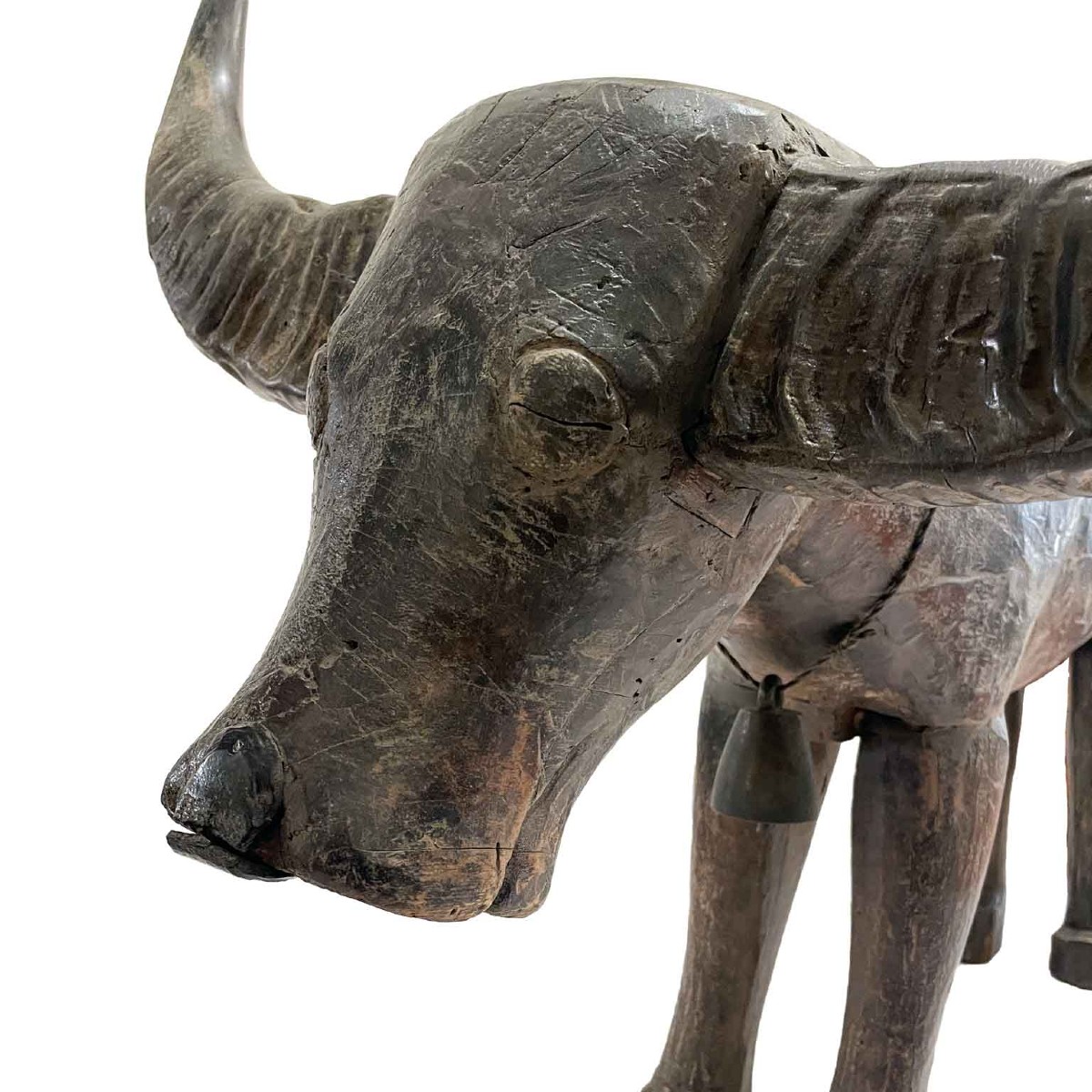 Buffle D Eau Bubalus Bubalis Sculpture Orientale en Bois Avec Cornes 19ème-photo-3