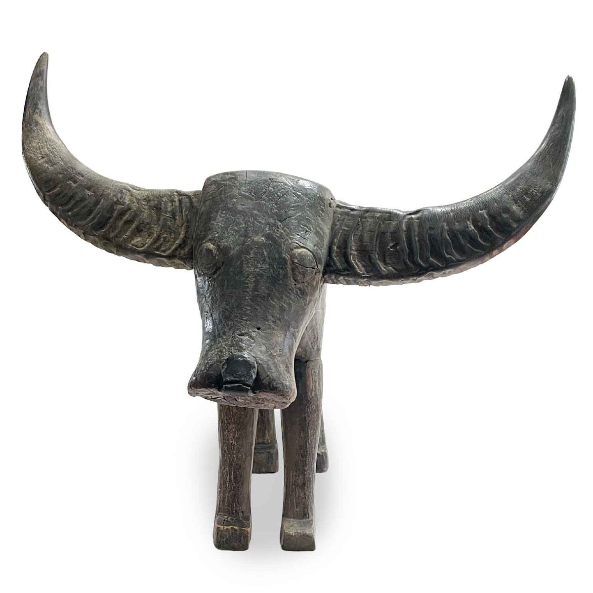 Buffle D Eau Bubalus Bubalis Sculpture Orientale en Bois Avec Cornes 19ème-photo-5