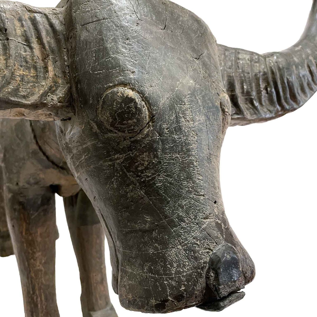 Buffle D Eau Sculpture Orientale en Bois Avec Cornes 1800-photo-1