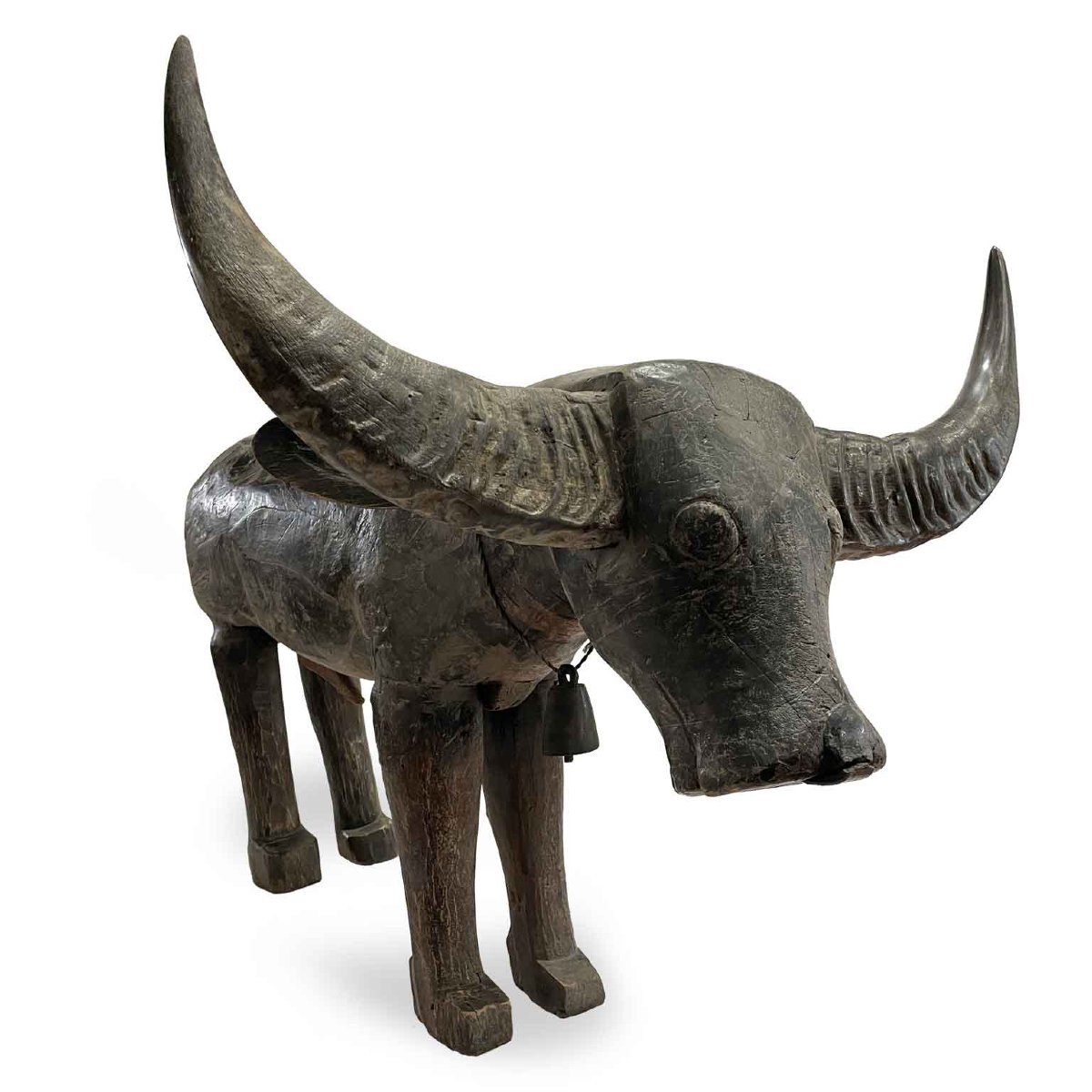 Buffle D Eau Sculpture Orientale en Bois Avec Cornes 1800-photo-6