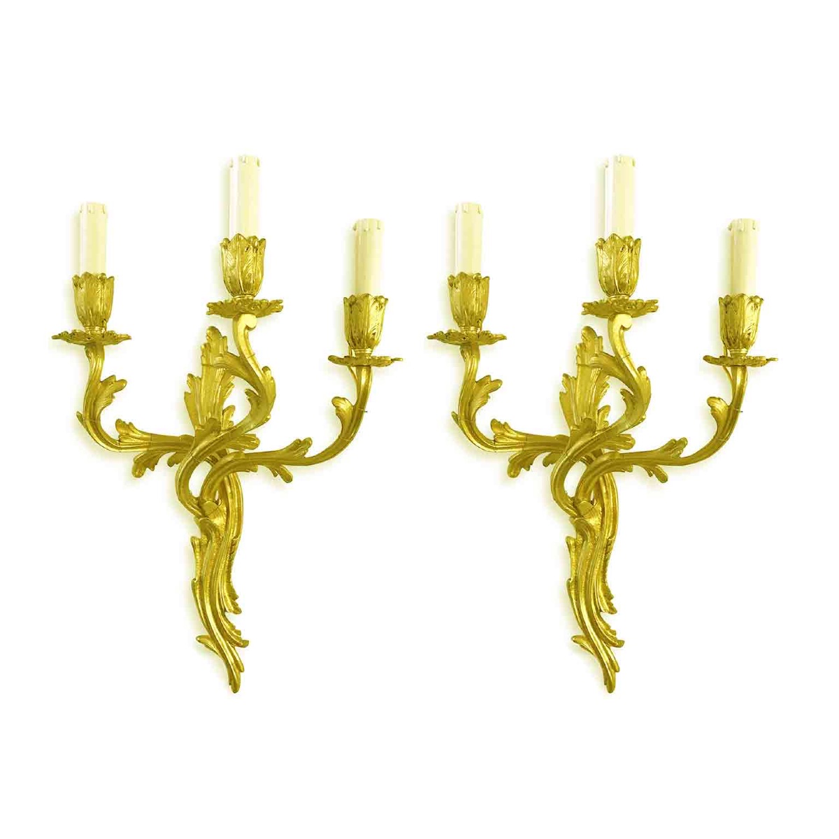 Pair Of French Louis XV Style Gilt Bronze Three-light Antique Wall Sconces-photo-3