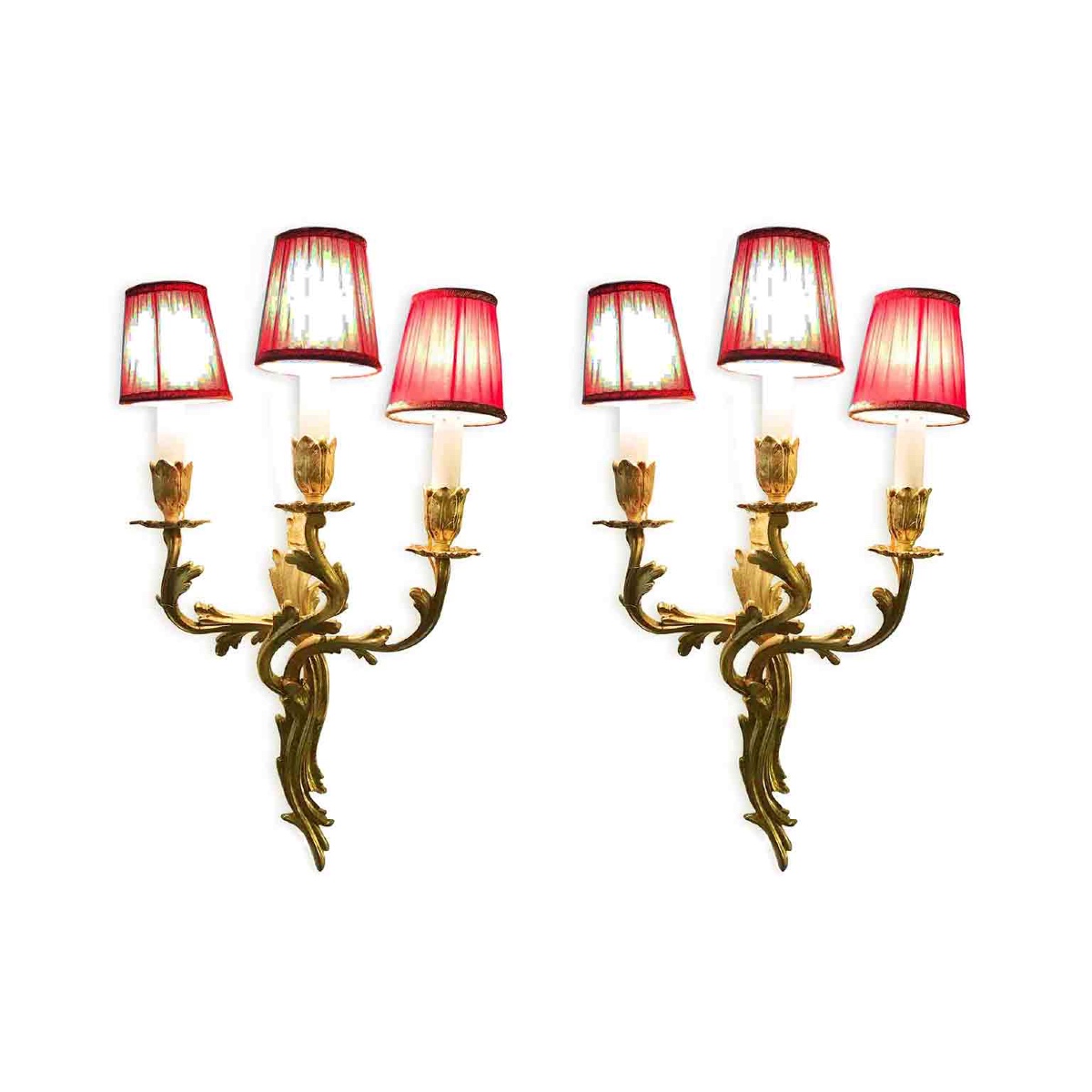 Pair Of French Louis XV Style Gilt Bronze Three-light Antique Wall Sconces