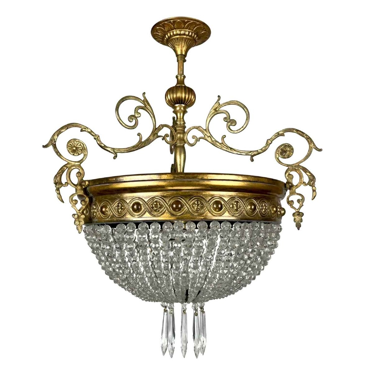 Antique French Crystal And Gilt Brass Chandelier 1930s-photo-1