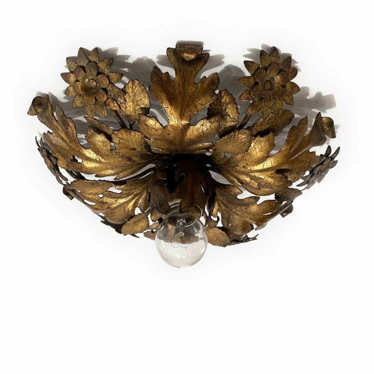Plafonnier Italienne en Fer Repoussé Doré à une Lumière-photo-2