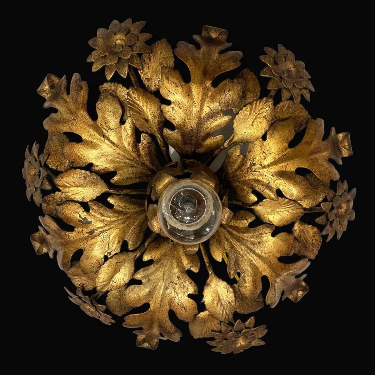 Plafonnier Italienne en Fer Repoussé Doré à une Lumière-photo-3