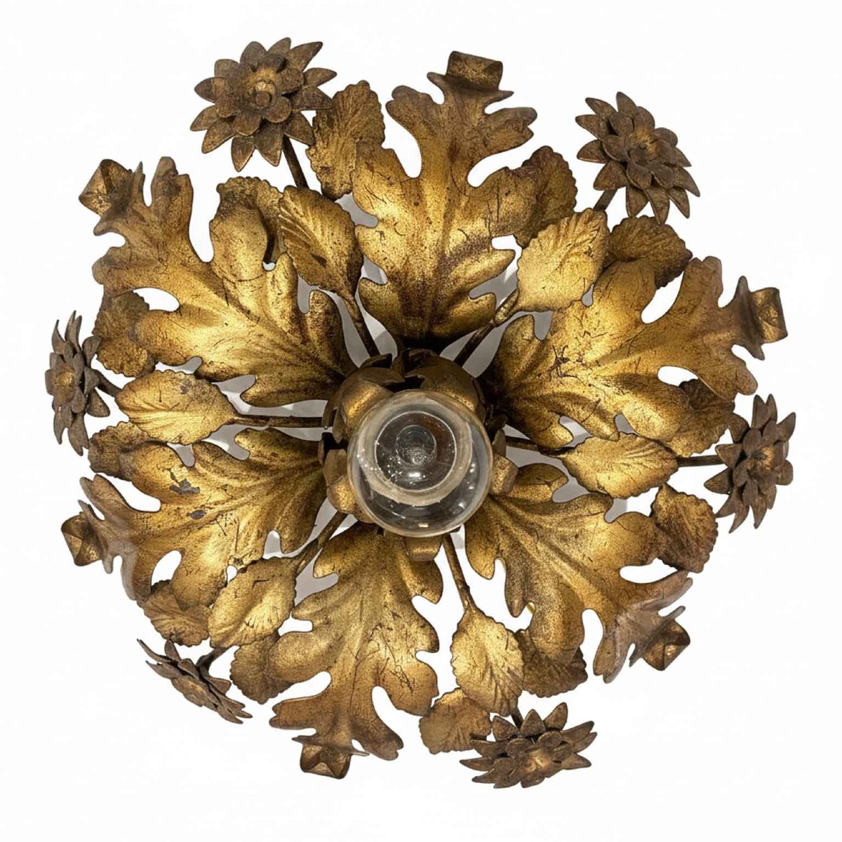 Plafonnier Italienne en Fer Repoussé Doré à une Lumière