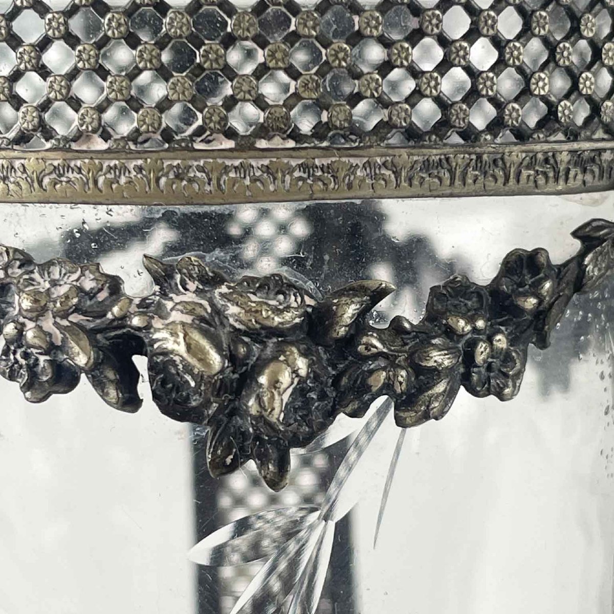 Cut Crystal Flower Vase With Silver-plated Metal Decorations, Circa 1920-photo-3