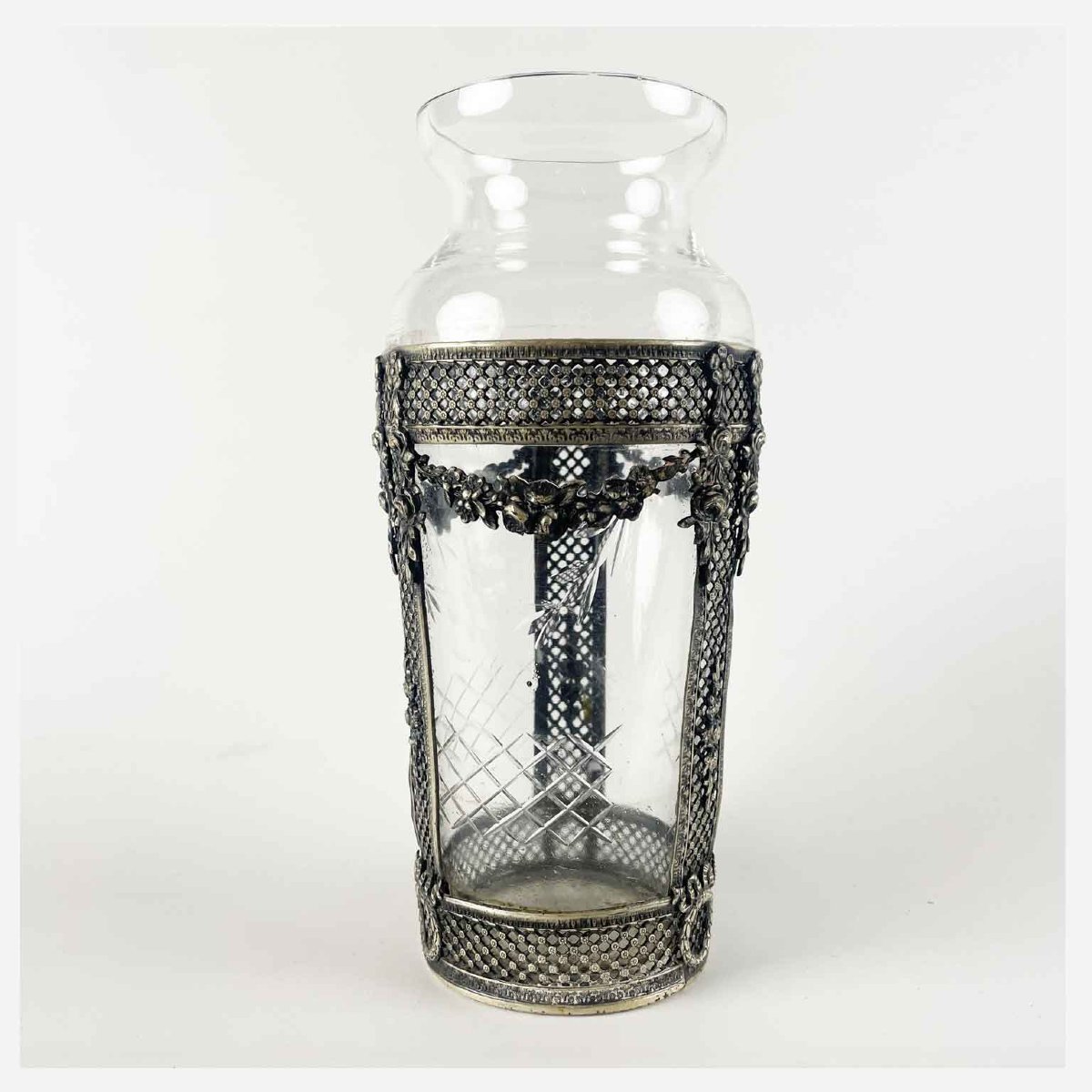 Cut Crystal Flower Vase With Silver-plated Metal Decorations, Circa 1920-photo-4