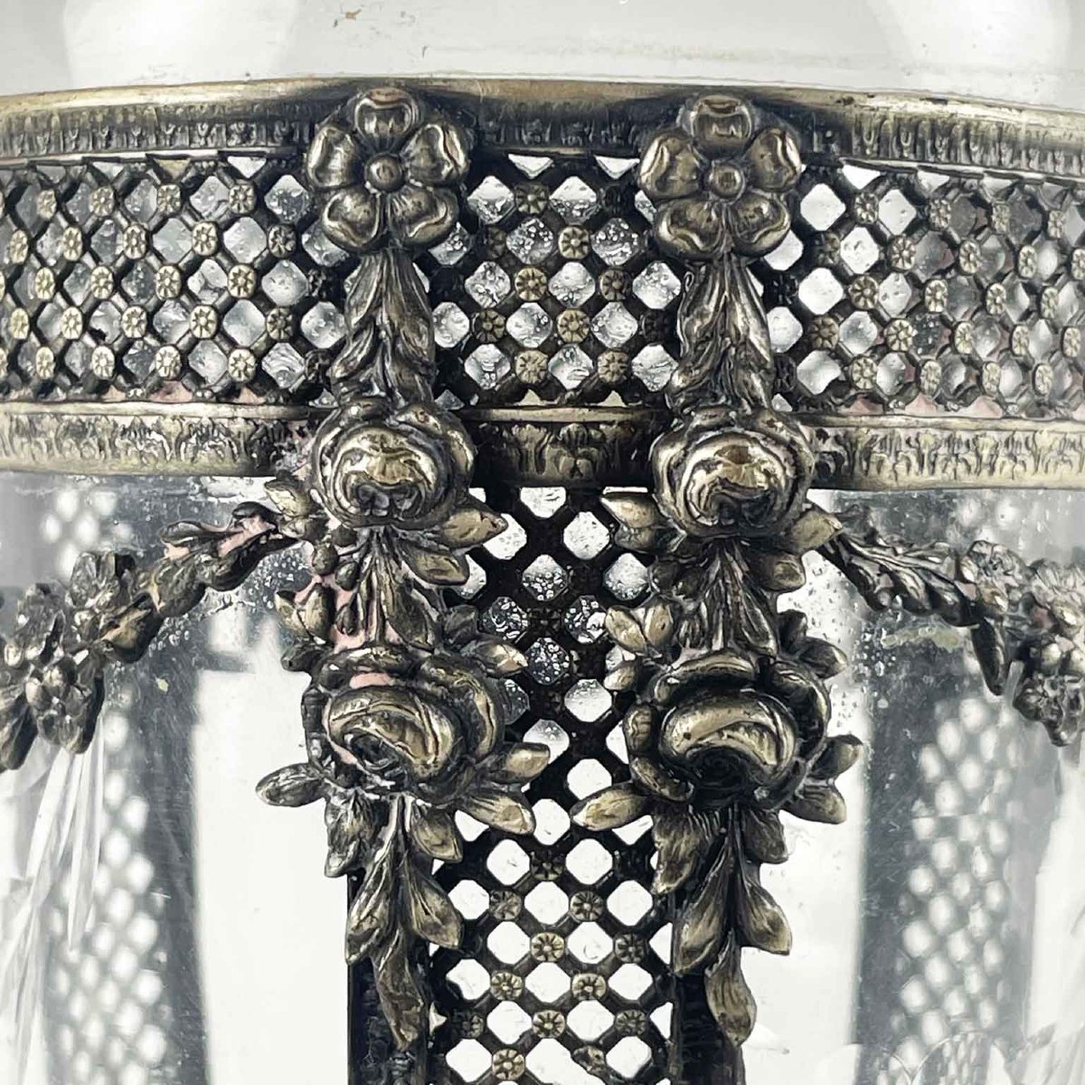 Cut Crystal Flower Vase With Silver-plated Metal Decorations, Circa 1920-photo-3