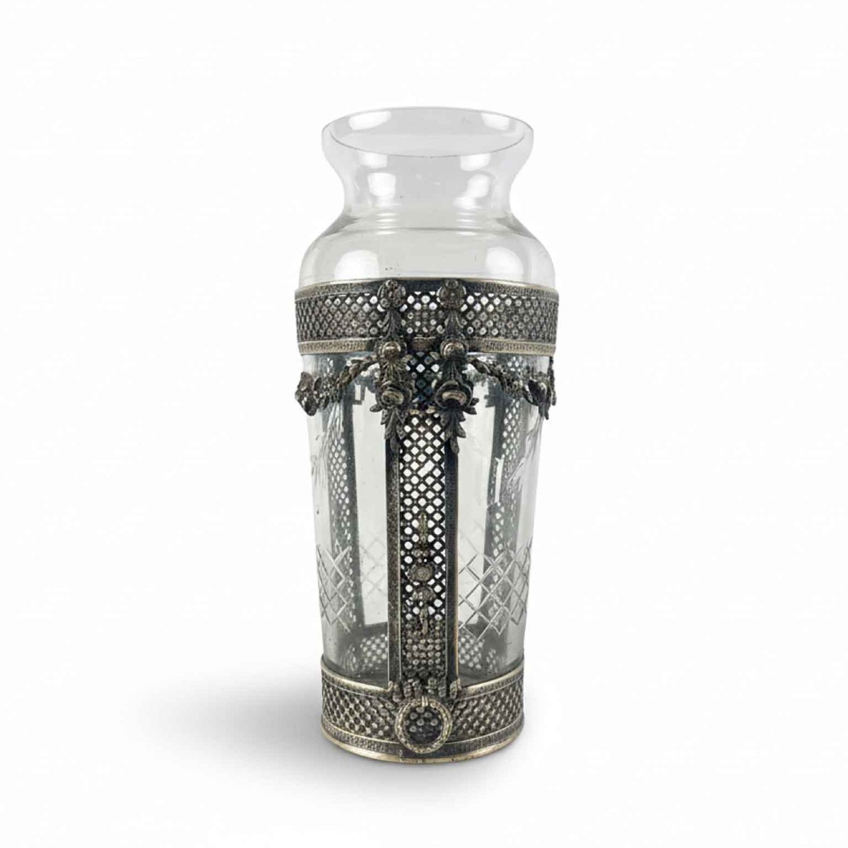 Cut Crystal Flower Vase With Silver-plated Metal Decorations, Circa 1920