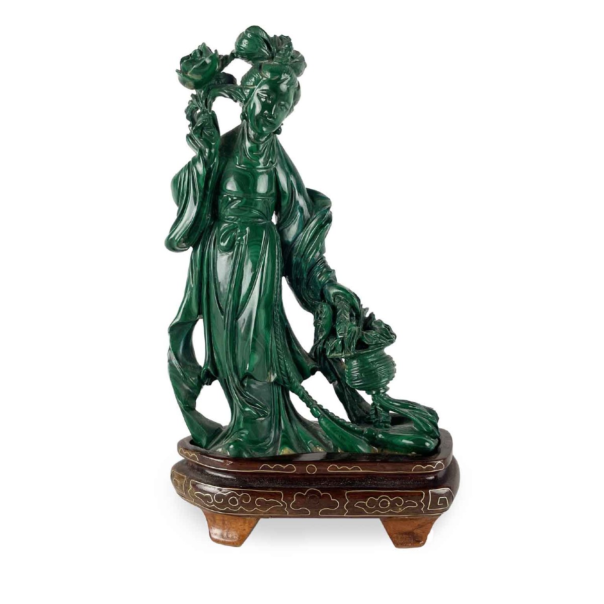 Chinese Woman Figure In Malachite With Flowers