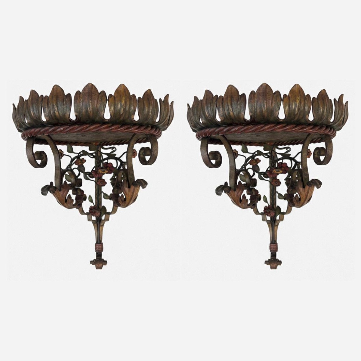 Pair Of Italian Art Nouveau Wrought Iron Corner Shelves Early 1900s