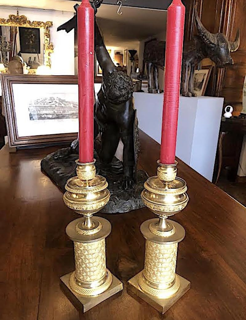 French Empire Gilt Bronze Candlesticks 1830s Set Of Two Cassolettes-photo-2