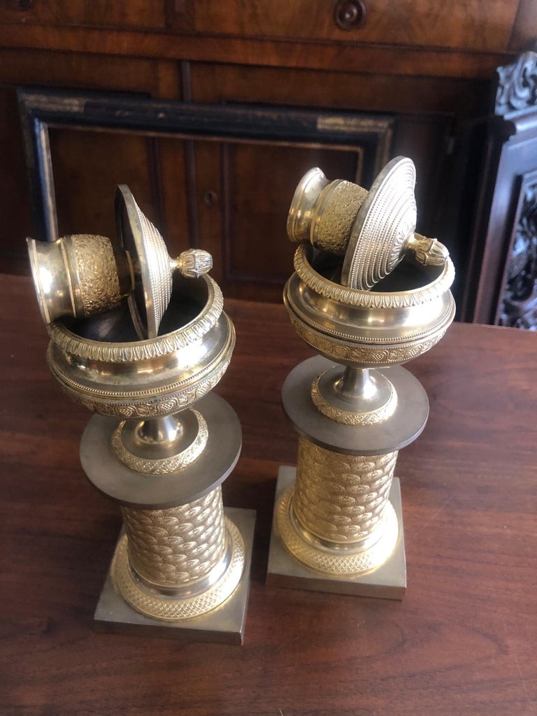 French Empire Gilt Bronze Candlesticks 1830s Set Of Two Cassolettes-photo-3