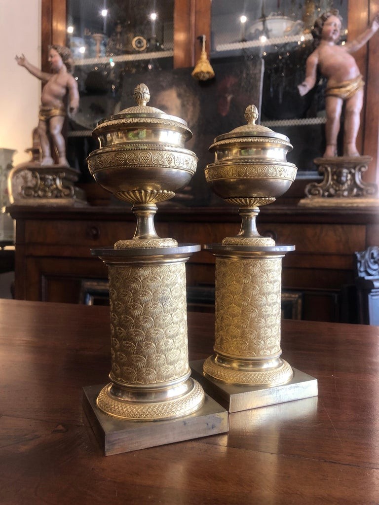 French Empire Gilt Bronze Candlesticks 1830s Set Of Two Cassolettes-photo-4