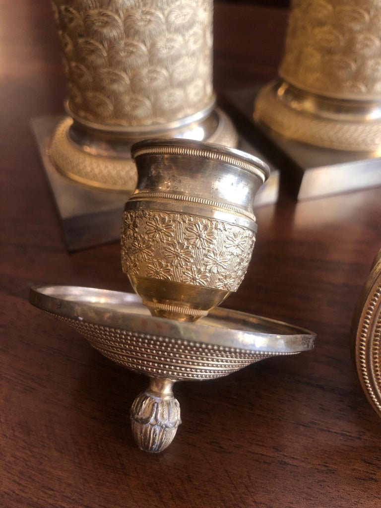 French Empire Gilt Bronze Candlesticks 1830s Set Of Two Cassolettes-photo-2