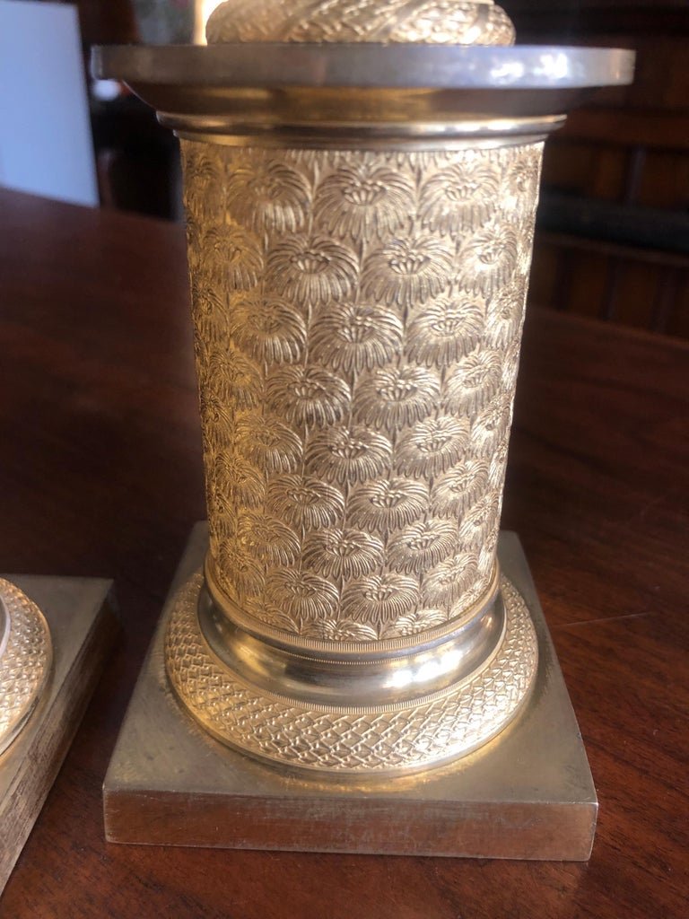 French Empire Gilt Bronze Candlesticks 1830s Set Of Two Cassolettes-photo-3