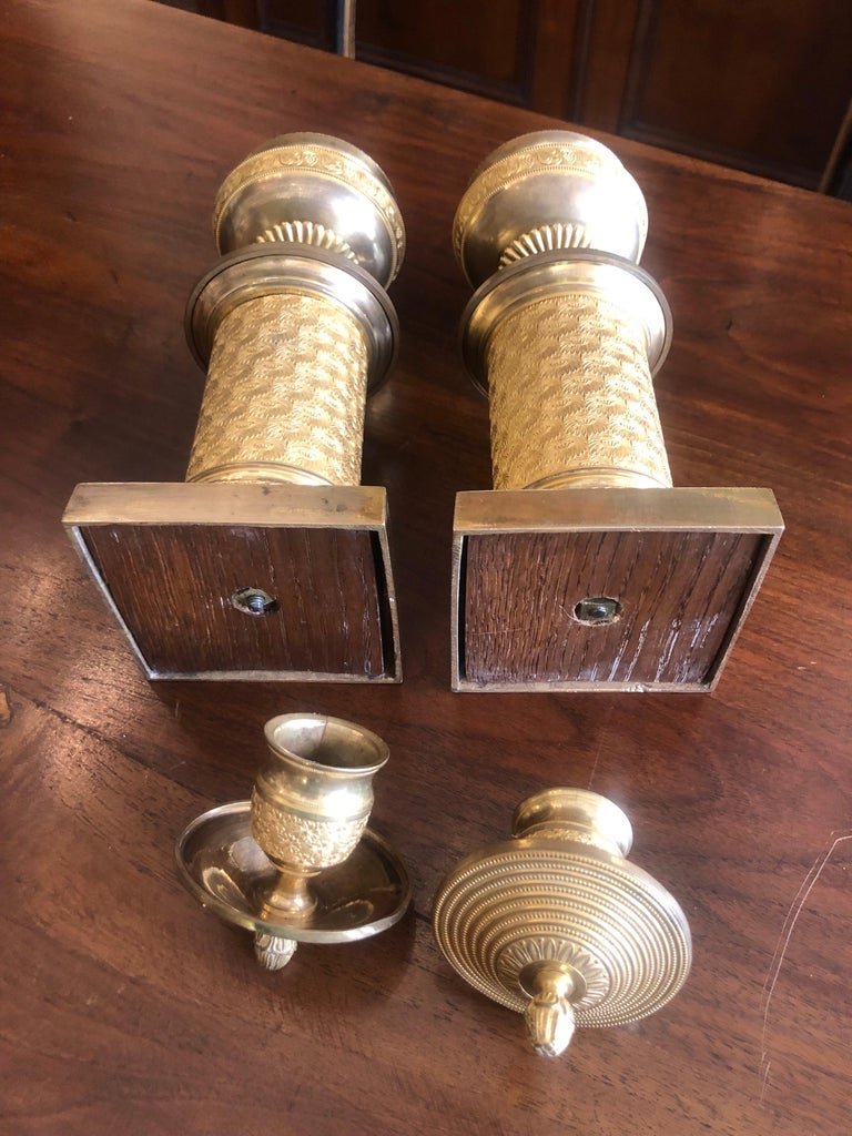 French Empire Gilt Bronze Candlesticks 1830s Set Of Two Cassolettes-photo-4