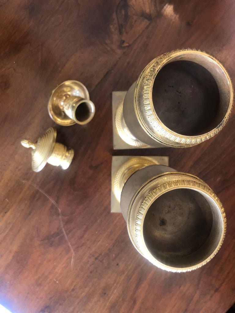 French Empire Gilt Bronze Candlesticks 1830s Set Of Two Cassolettes-photo-5