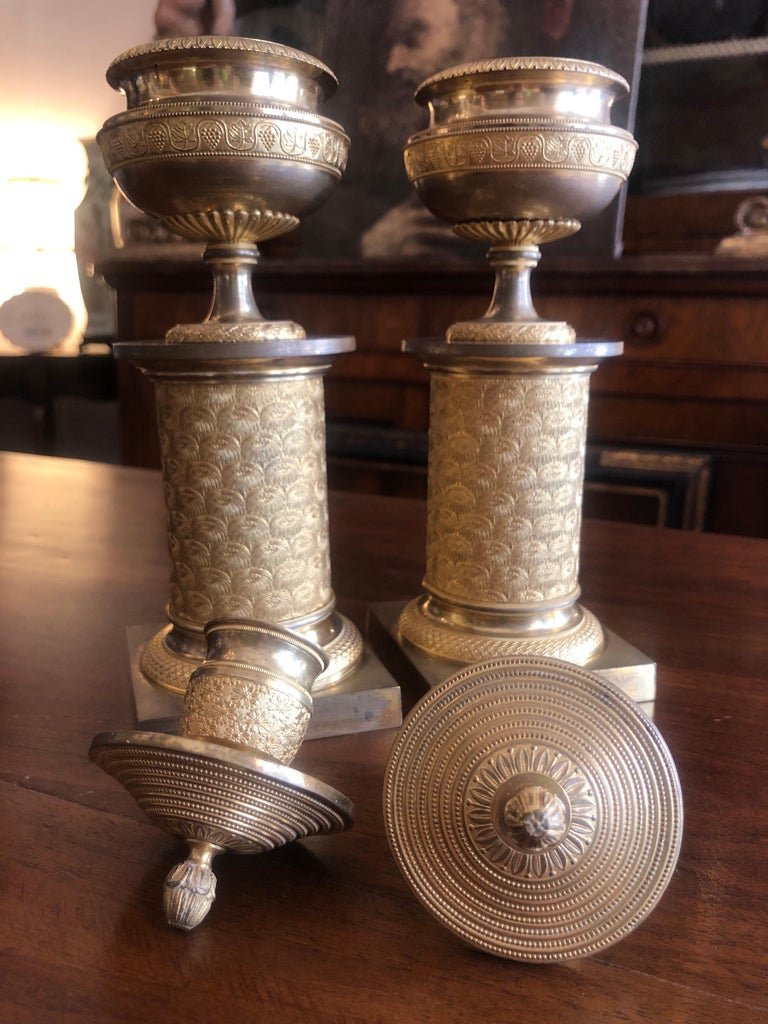 French Empire Gilt Bronze Candlesticks 1830s Set Of Two Cassolettes-photo-6