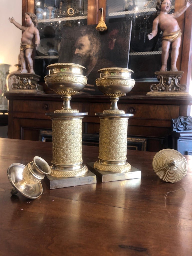French Empire Gilt Bronze Candlesticks 1830s Set Of Two Cassolettes-photo-7