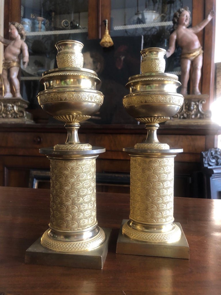 French Empire Gilt Bronze Candlesticks 1830s Set Of Two Cassolettes-photo-8