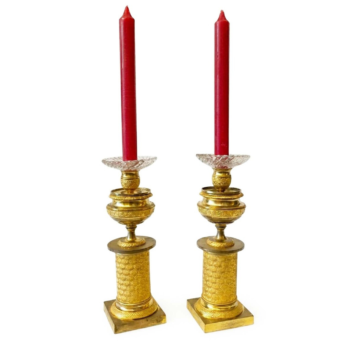 Paire de Bougeoirs Style Empire en Bronze Doré, Cassolettes  vers 1830-photo-8
