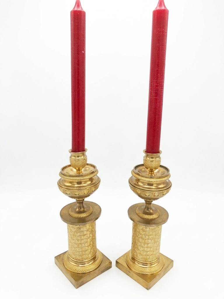 French Empire Gilt Bronze Candlesticks 1830s Set Of Two Cassolettes