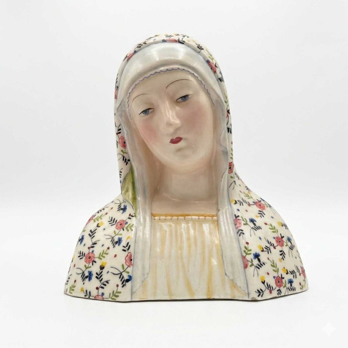 Buste de Vierge Signee Minghetti Bologne Italie Céramique Polychrome début des années 1900-photo-2
