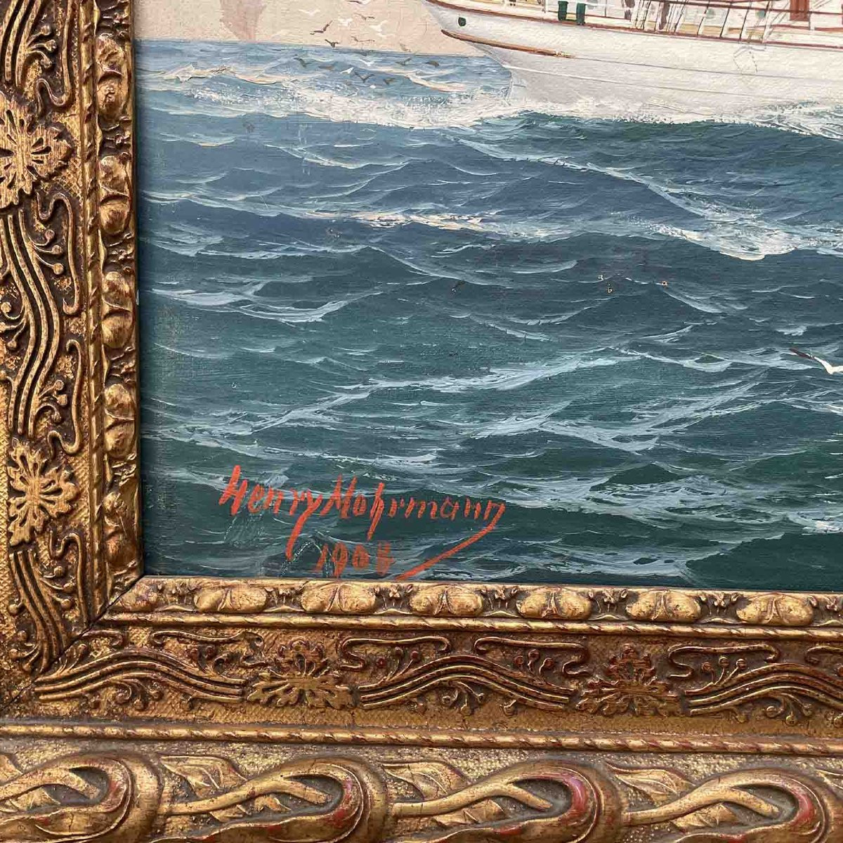 Marine avec Voilier  Signée et Datée par John Henry Mohrmann 1908-photo-4