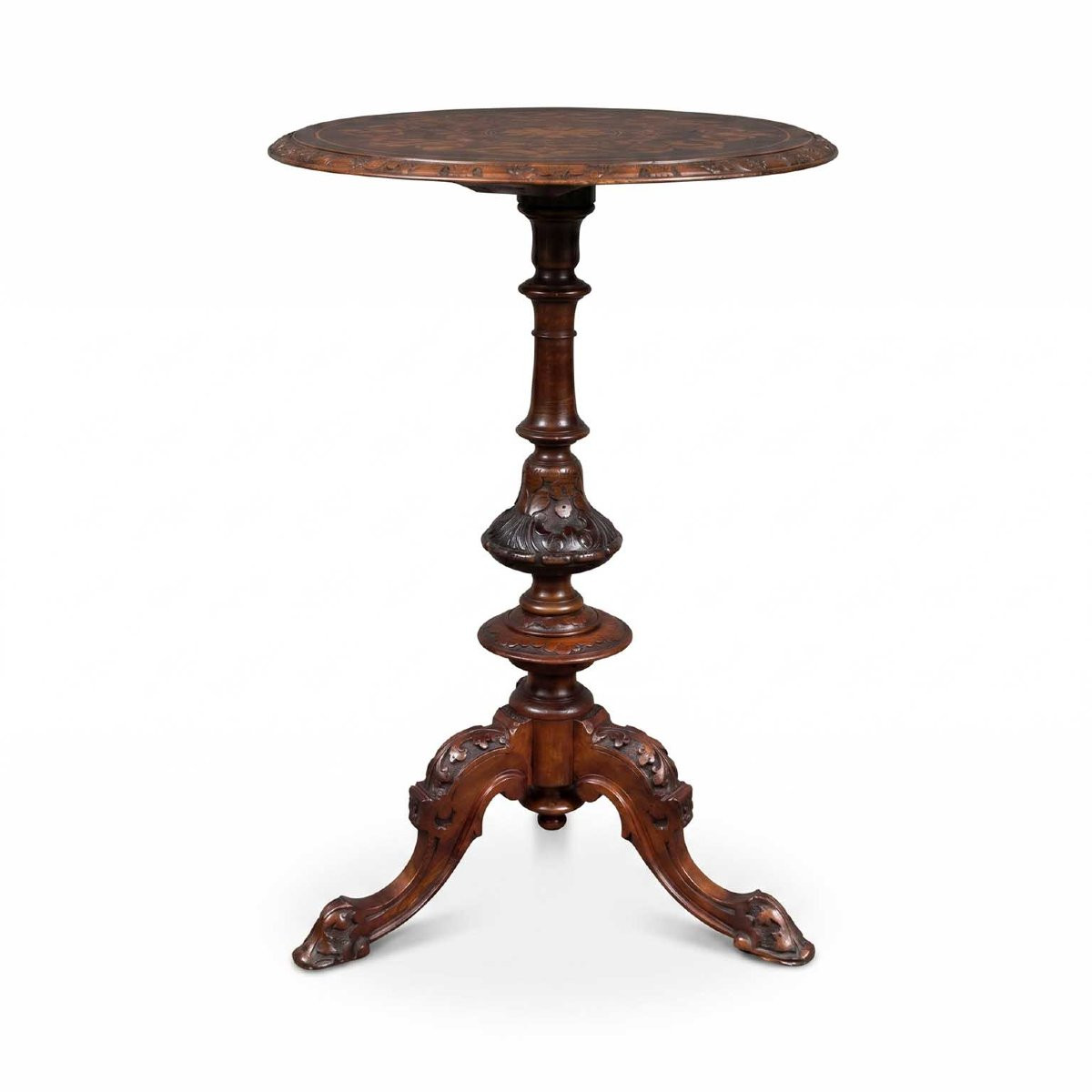 Table basse ronde en ronce de noyer avec incrustation représentant Saint Georges et le dragon-photo-4