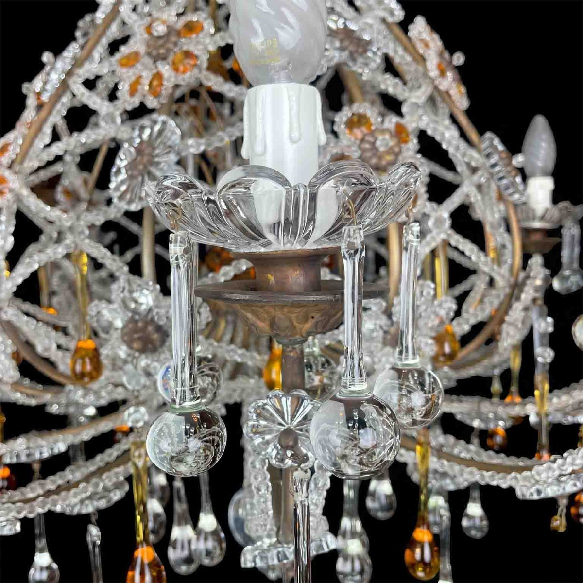 Antique Crystal Chandelier With Amber Drops, 10 Lights, 1950-photo-2
